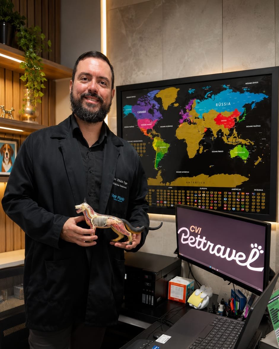 Dr. Diniz Viegas na Vet Pituka, segurando um modelo anatômico canino